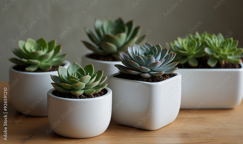 Detailed image of a minimalist succulent arrangement in smooth, white ceramic pots, isolated on a pristine white background to showcase the simplicity and elegance of the design. Detailed image of a minimalist succulent arrangement in smooth, white ceramic pots, isolated on a pristine white background to showcase the simplicity and elegance of the design.