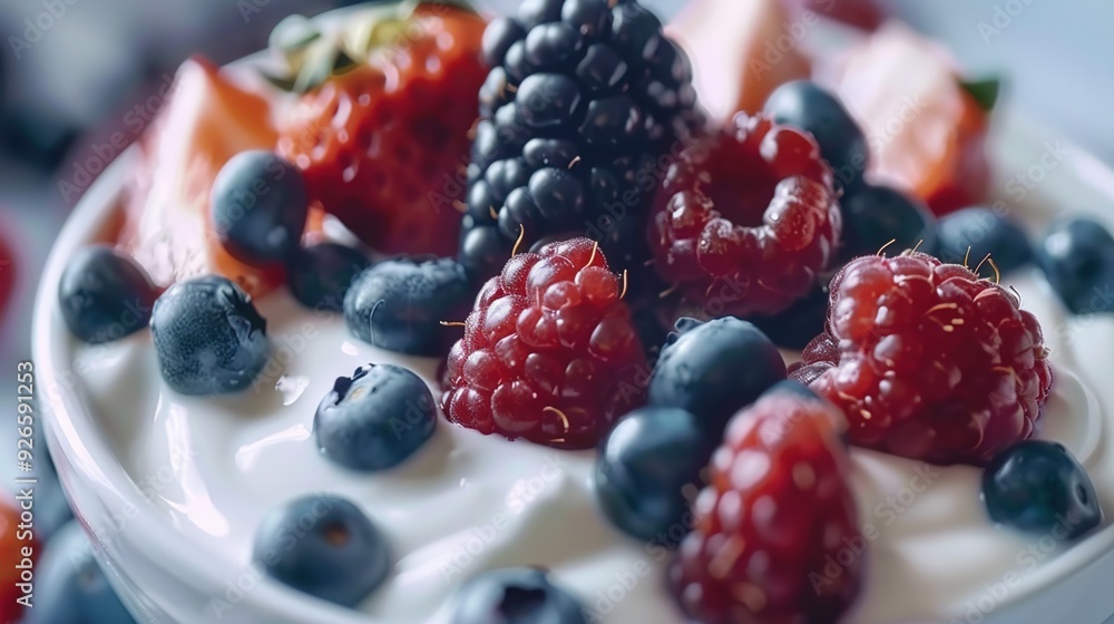 A bowl of Greek yogurt with mixed berries, showcasing the natural beauty and health benefits of fresh fruits in your food photography. A bowl of Greek yogurt with mixed berries, showcasing the natural beauty and health benefits of fresh fruits in your food photography.