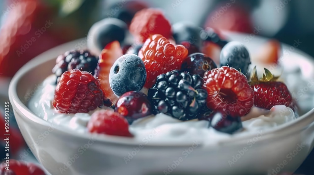 A bowl of Greek yogurt with mixed berries, showcasing the natural beauty and health benefits of fresh fruits in your food photography. A bowl of Greek yogurt with mixed berries, showcasing the natural beauty and health benefits of fresh fruits in your food photography.