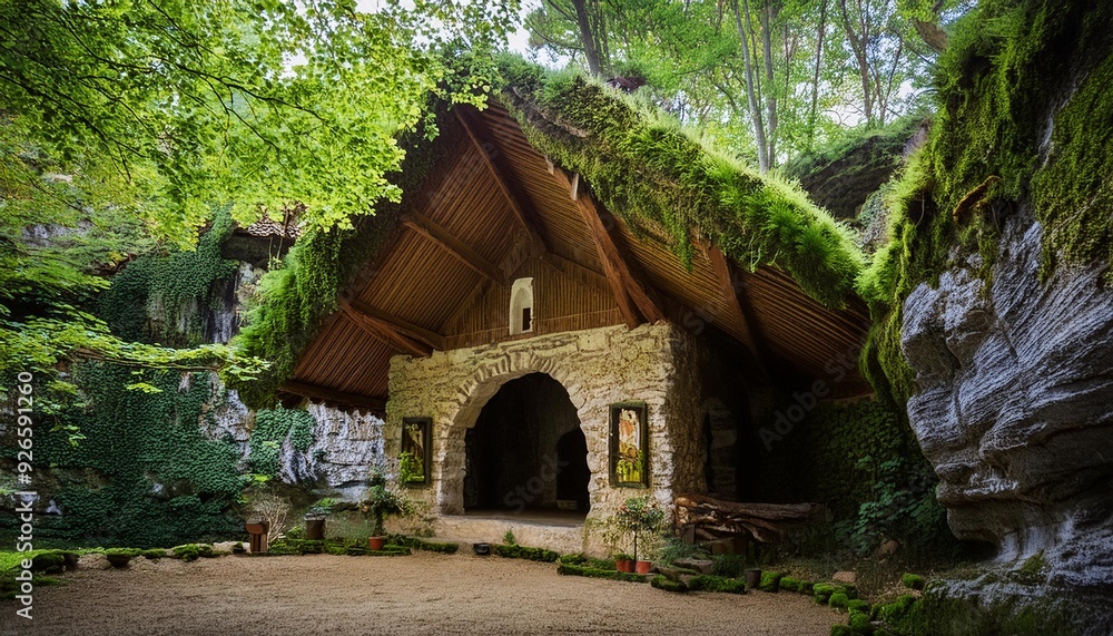 Nestled in a cave, the chapel is made of sturdy wood and stone that blend with nature. Vines and moss adorn the walls. Beams feature bull and nature carvings. The roof is made of thatch. Nestled in a cave, the chapel is made of sturdy wood and stone that blend with nature. Vines and moss adorn the walls. Beams feature bull and nature carvings. The roof is made of thatch.