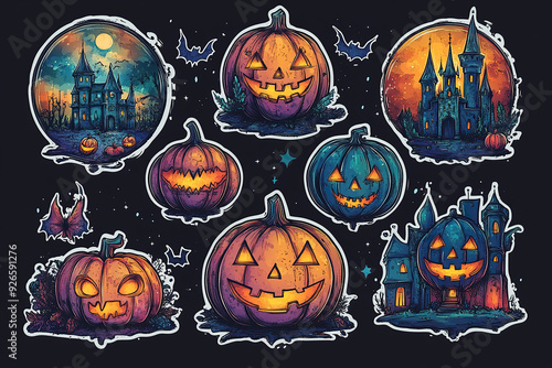 sticker set of jack o lantern halloween pumpkins and bats in black background
