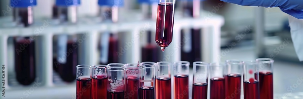 A close-up of test tubes filled with red and blue liquid, set against the backdrop of an office or laboratory setting. 