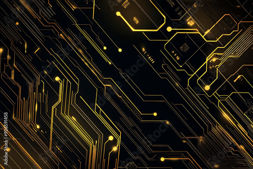 A modern abstract design featuring gold lines and dots representing network science and technology on a high-tech dark background. Ideal for templates, web design, and presentations