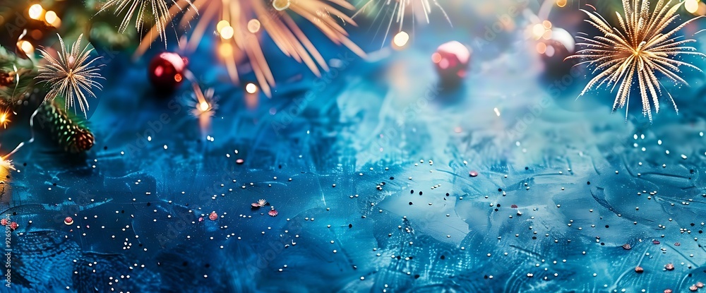 Fototapeta premium Festive background with fireworks, red ornaments, and bokeh lights on blue.