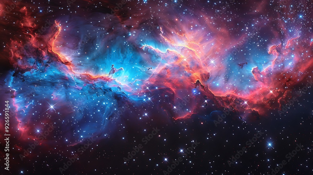 Naklejka premium The aftermath of a supernova explosion, with colorful gas clouds and debris expanding into space, vibrant hues of blue, red, and purple, viewed from a nearby star system,