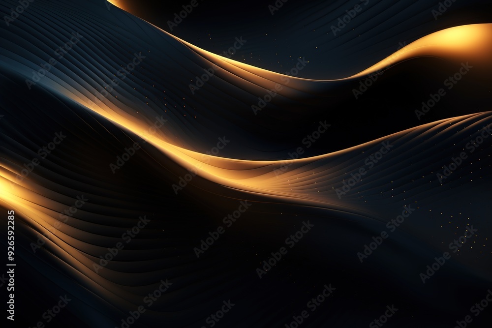 Obraz premium Abstract dark background with golden waves and glowing particles.