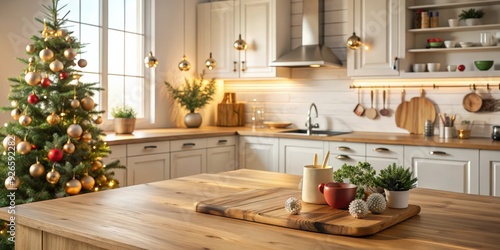 Wooden desk with kitchen board and Christmas decoration in a kitchen interior with natural sunlight