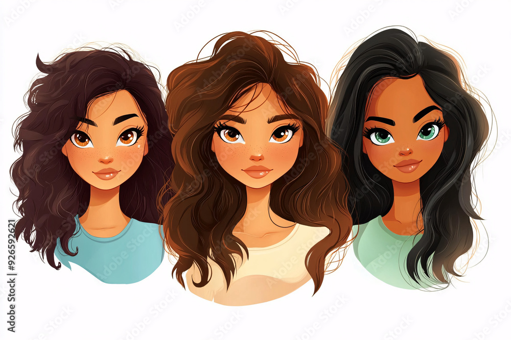 A playful and vibrant cartoon illustration of young Latino girls with big expressive eyes, radiating joy and energy. Suitable for cultural representation and youth-related content. A playful and vibrant cartoon illustration of young Latino girls with big expressive eyes, radiating joy and energy. Suitable for cultural representation and youth-related content.