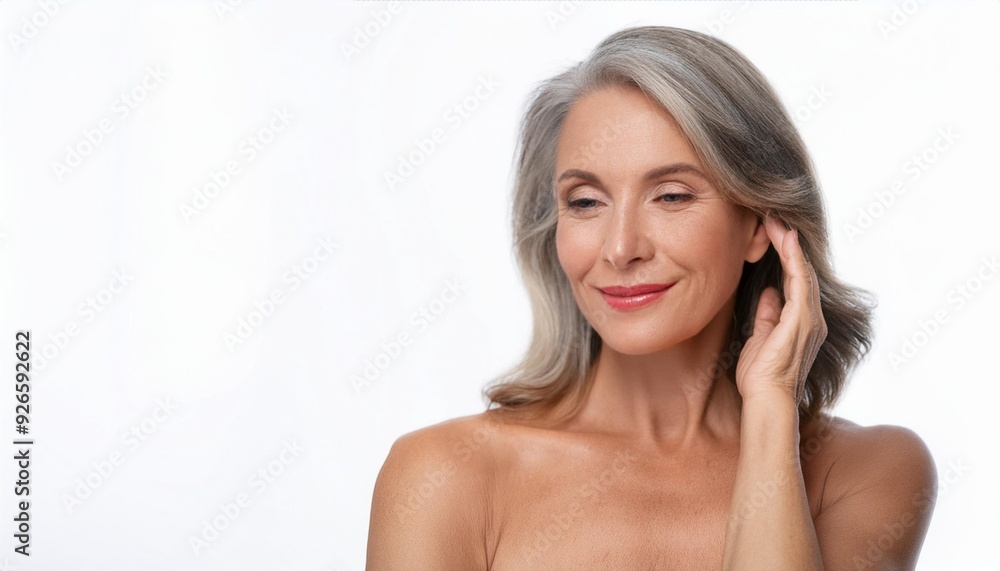 Portrait of Beautiful Older 50s 60s 70s Mid Aged Healthy Mature Woman Isolated on White Background. Anti-aging Skin Care Beauty, Cosmetics Concept. Natural Beauty Product. Portrait of Beautiful Older 50s 60s 70s Mid Aged Healthy Mature Woman Isolated on White Background. Anti-aging Skin Care Beauty, Cosmetics Concept. Natural Beauty Product.
