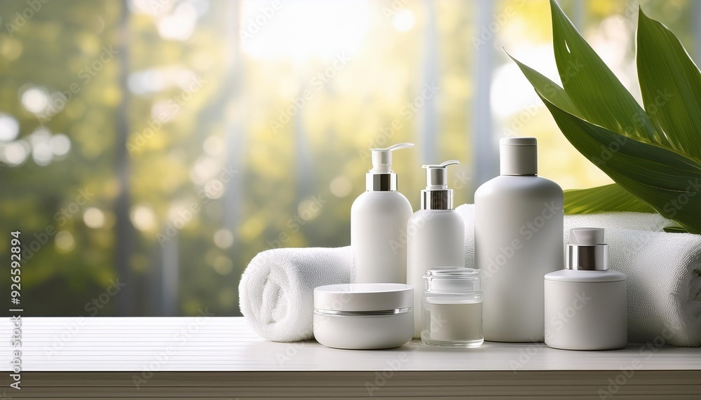 Pure Refreshment Tranquil Spa Retreat with White Cosmetics Set on Fresh, Clean Tabletop Pure Refreshment Tranquil Spa Retreat with White Cosmetics Set on Fresh, Clean Tabletop