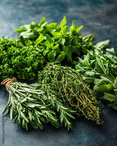 Assortment of fresh herbs for cooking and flavoring.
