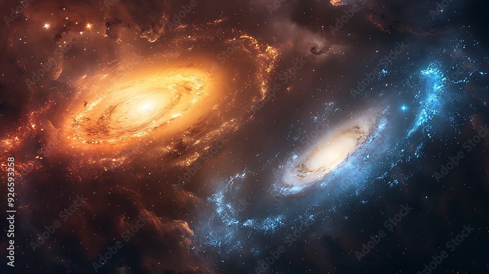 Fototapeta premium The majestic collision of galaxies, vibrant and swirling stars, with cosmic dust clouds, viewed from a nearby star, colorful light bursts, capturing the dynamic and mesmerizing nature of the universe.