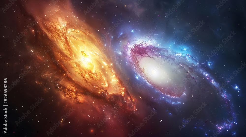 Obraz premium The majestic collision of galaxies, vibrant and swirling stars, with cosmic dust clouds, viewed from a nearby star, colorful light bursts, capturing the dynamic and mesmerizing nature of the universe.