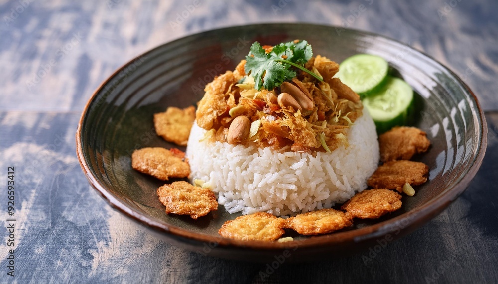Savory chicken rice with a crispy topping of fried coconut and vegetables, served with crunchy peanut crackers. Indulge in this Indonesian comfort dish. Savory chicken rice with a crispy topping of fried coconut and vegetables, served with crunchy peanut crackers. Indulge in this Indonesian comfort dish.