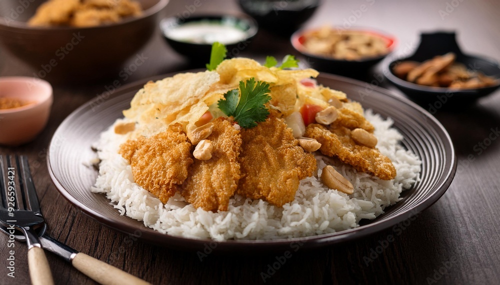 Savory chicken rice with a crispy topping of fried coconut and vegetables, served with crunchy peanut crackers. Indulge in this Indonesian comfort dish. Savory chicken rice with a crispy topping of fried coconut and vegetables, served with crunchy peanut crackers. Indulge in this Indonesian comfort dish.