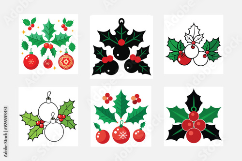 Christmas holly ornaments silhouette vector illustration 