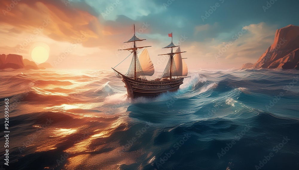 Obraz premium Ship in the sea, creative, Generative AI