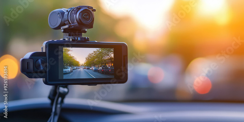 Video recorder screen in the car interior. Recording Traffic Situations for Driving. Smart Car Camcorder for Cars or Trucks. 