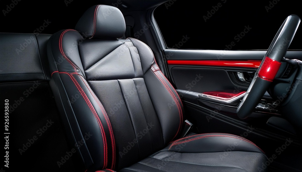 Sleek black leather interior in a modern sports car, showcasing the fine details of the seat with red stitching. Sleek black leather interior in a modern sports car, showcasing the fine details of the seat with red stitching.