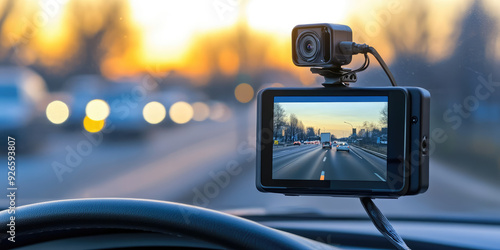 Video recorder screen in the car interior. Recording Traffic Situations for Driving. Smart Car Camcorder for Cars or Trucks. 
