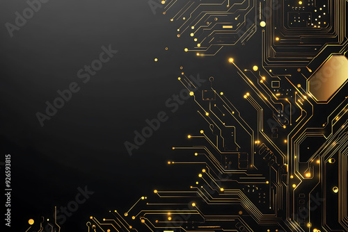 A modern abstract design featuring gold lines and dots representing network science and technology on a high-tech dark background. Ideal for templates, web design, and presentations