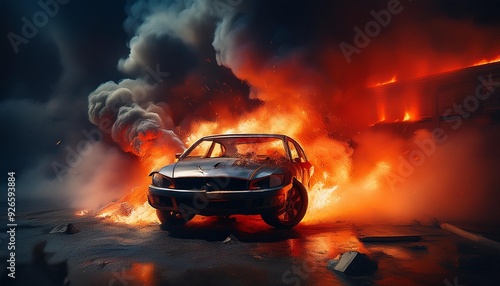 Smoke burn black red emergency car destruction flames hot heat danger fire