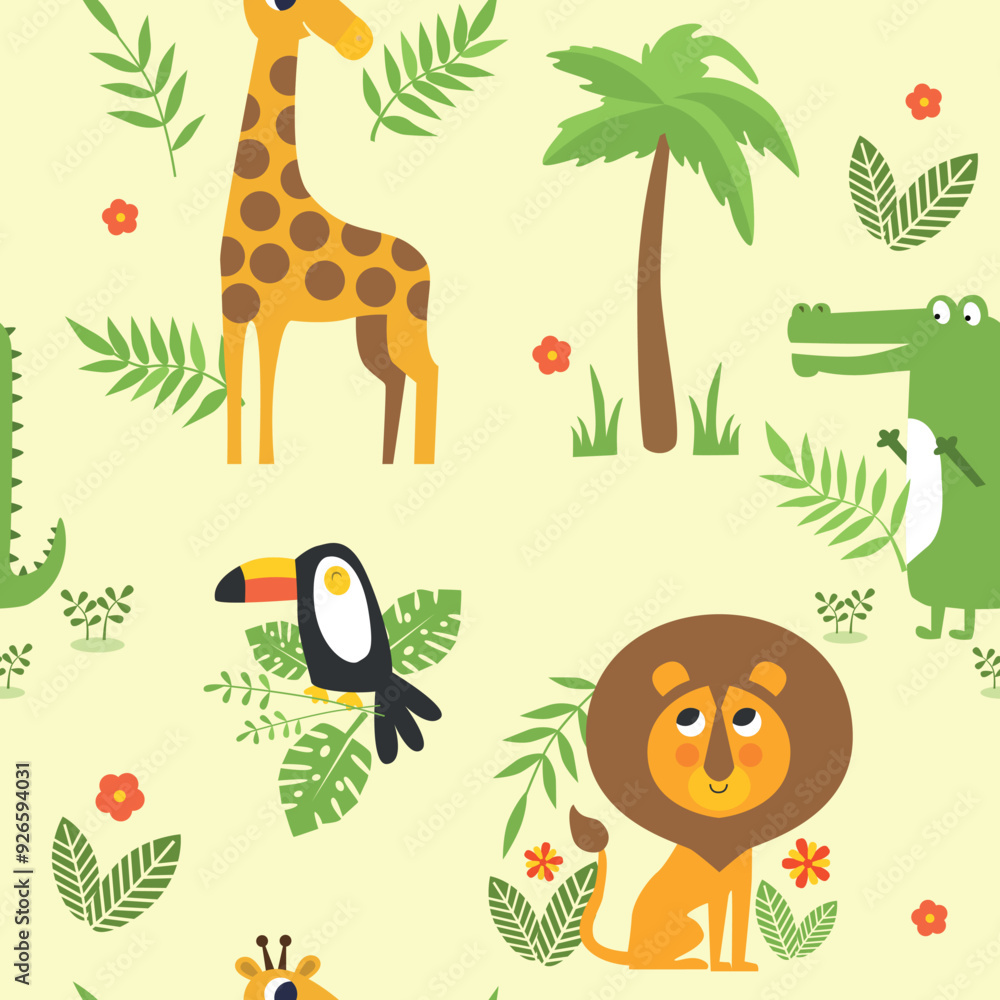 Fototapeta premium Seamless African pattern with animals giraffe, palms, birds, lion, crocodile and flowers. 