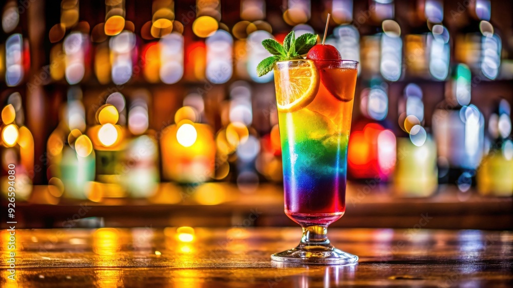 Close-up shot of a colorful cocktail with vibrant garnish on a bar counter, drink, beverage, alcohol, cocktail, bar Close-up shot of a colorful cocktail with vibrant garnish on a bar counter, drink, beverage, alcohol, cocktail, bar