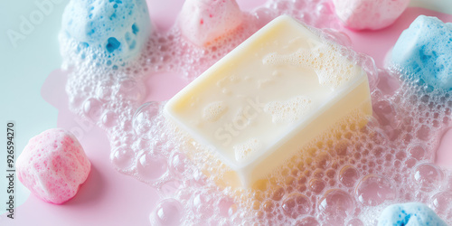 White soap bar and foam bubbles on pastel colored background with copy space