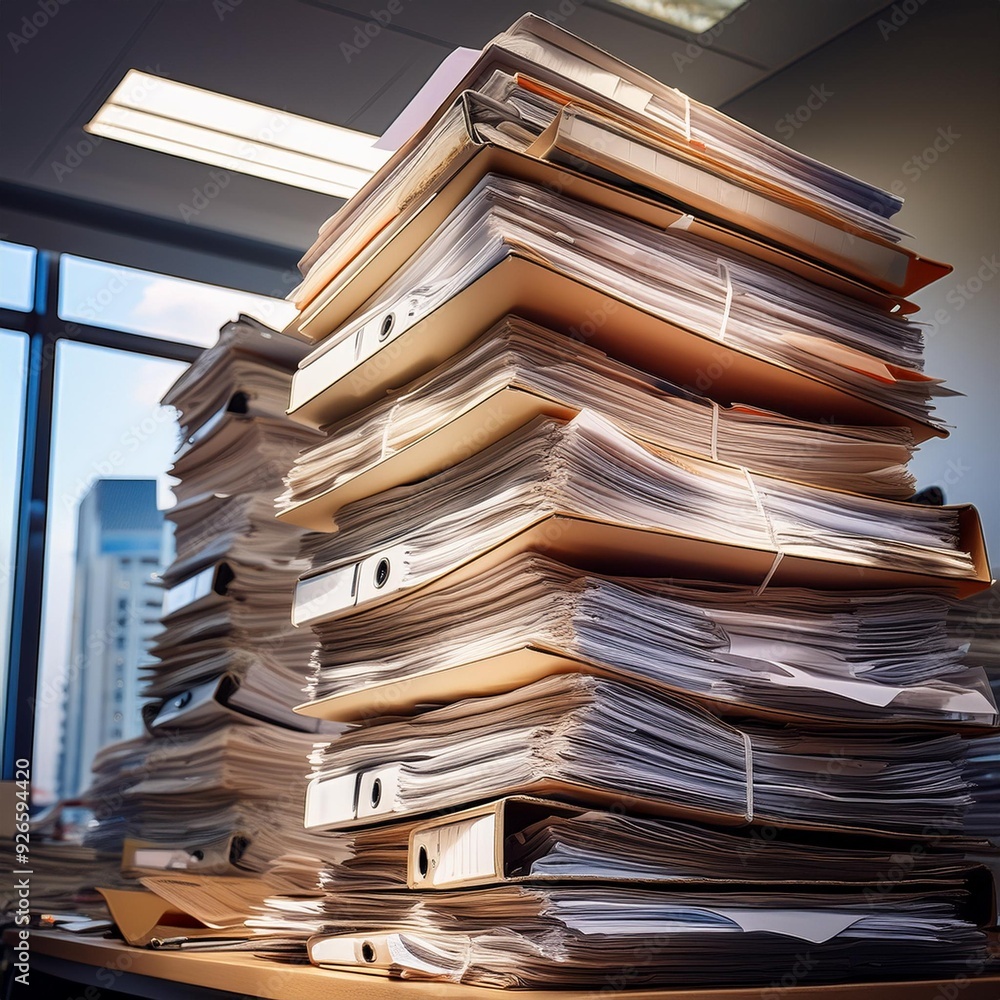 Stacked paper files and folders - Organized chaos in a busy office environment Stacked paper files and folders - Organized chaos in a busy office environment