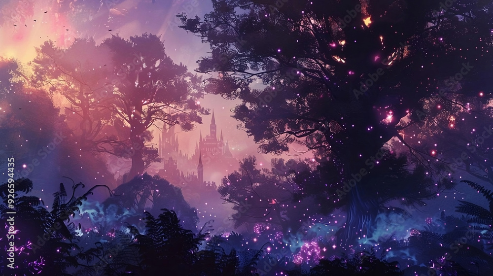 Mystical Forest at Twilight with Silhouetted Trees and Magical Orbs, Concept of Fantasy, Enchantment, and Otherworldly Adventures, Perfect for Fairy Tales and Magical Realism Themes Mystical Forest at Twilight with Silhouetted Trees and Magical Orbs, Concept of Fantasy, Enchantment, and Otherworldly Adventures, Perfect for Fairy Tales and Magical Realism Themes