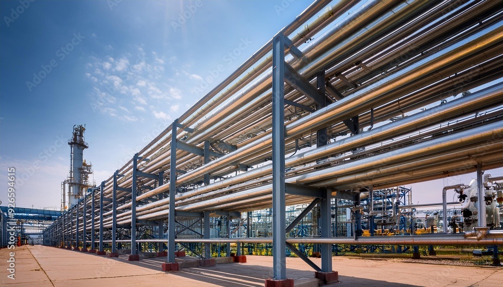 Steel racks hold long pipes and support machinery in a large refinery. These racks are used in the petrochemical industry, where chemicals like methanol are produced. Steel racks hold long pipes and support machinery in a large refinery. These racks are used in the petrochemical industry, where chemicals like methanol are produced.