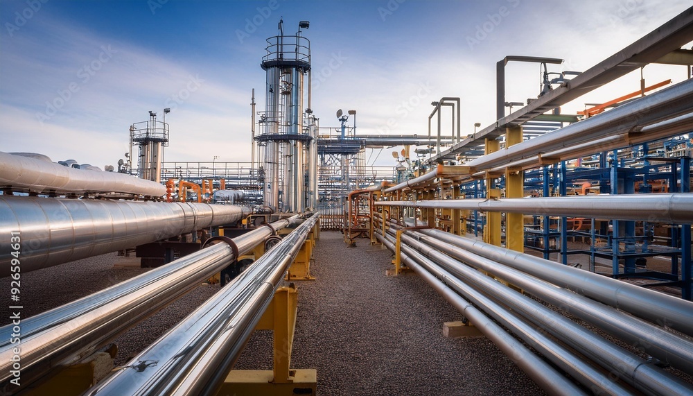 Steel racks hold long pipes and support machinery in a large refinery. These racks are used in the petrochemical industry, where chemicals like methanol are produced. Steel racks hold long pipes and support machinery in a large refinery. These racks are used in the petrochemical industry, where chemicals like methanol are produced.