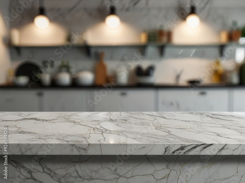 Empty white table top, counter, desk background over blur perspective bokeh light background, White marble stone table, shelf and blurred kitchen restaurant for food, product display mockup, template
