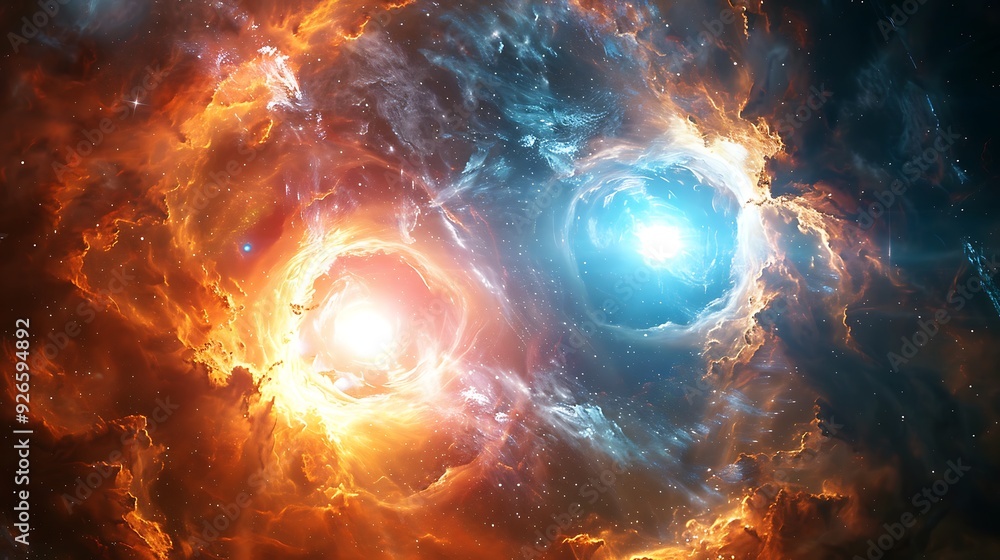 Obraz premium A binary star system with two stars casting dual shadows on a nearby planet, vibrant colors and dynamic light effects, seen from a space station,