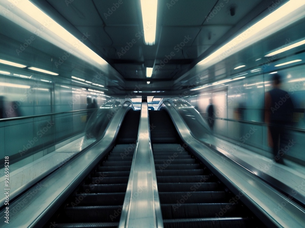 blurred background metro escalator / light blue background movement city infrastructure subway blurred background metro escalator / light blue background movement city infrastructure subway