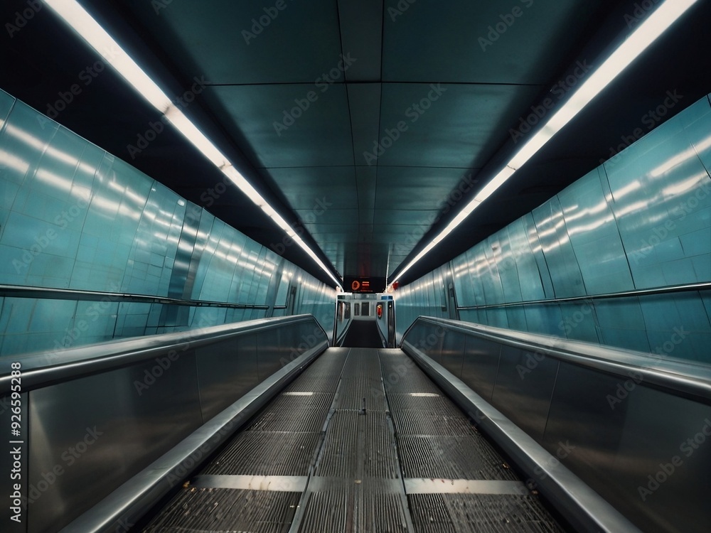 blurred background metro escalator / light blue background movement city infrastructure subway blurred background metro escalator / light blue background movement city infrastructure subway