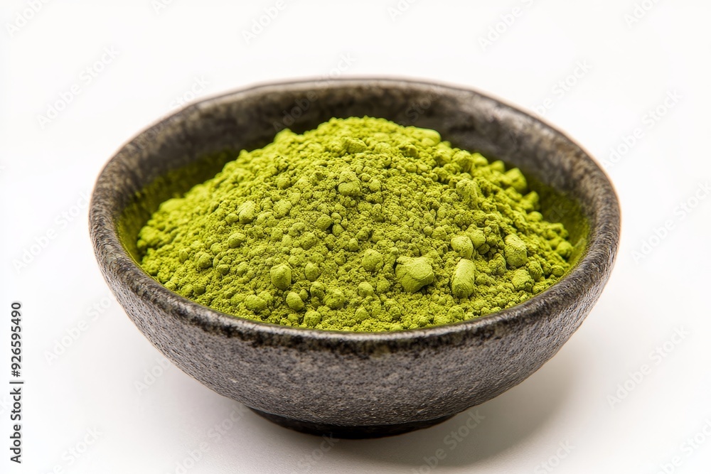 A bowl of fresh green matcha powder symbolizes health, energy, focus, and a natural boost of antioxidants. A bowl of fresh green matcha powder symbolizes health, energy, focus, and a natural boost of antioxidants.
