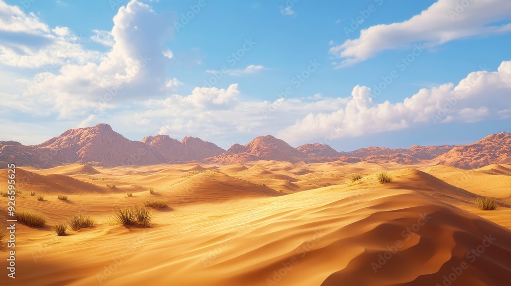 Naklejka premium A breathtaking panorama of a desert landscape, with towering sand dunes stretching out under a vast blue sky dotted with fluffy white clouds. This image evokes a sense of vastness, serenity, and the b