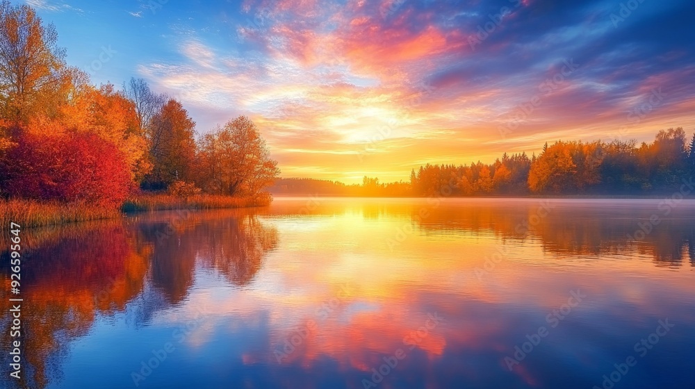 A breathtaking sunrise paints the sky in vibrant hues of orange and pink, reflecting off the calm waters of a lake surrounded by trees adorned with autumn foliage. The scene evokes a sense of peace, t A breathtaking sunrise paints the sky in vibrant hues of orange and pink, reflecting off the calm waters of a lake surrounded by trees adorned with autumn foliage. The scene evokes a sense of peace, t