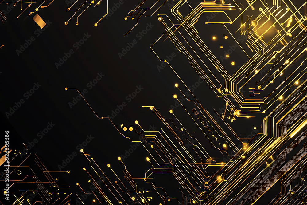 A modern abstract design featuring gold lines and dots representing network science and technology on a high-tech dark background. Ideal for templates, web design, and presentations A modern abstract design featuring gold lines and dots representing network science and technology on a high-tech dark background. Ideal for templates, web design, and presentations