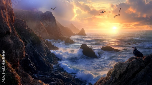 A breathtaking sunset paints the sky in vibrant hues as seagulls soar above a dramatic coastline. The powerful waves crashing against the rocky cliffs symbolize strength, freedom, and the beauty of na