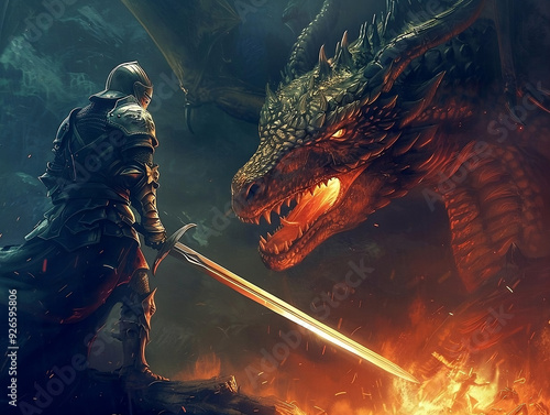 Epic Medieval Knight vs. Dragon Battle – Concept of Heroism, Courage, and Fantasy Adventure in a Dark, Fiery Realm – Dramatic Mythical Confrontation Showcasing Sword, Armor, and Fire-Breathing Dragon