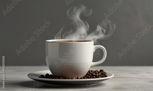 High-resolution image of a steaming coffee cup filled with rich, dark brew, accompanied by a matching saucer, isolated on a clean white background for a classic and inviting presentation. photo