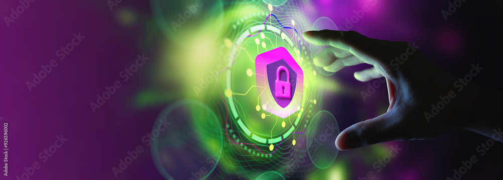 A hand reaches out towards a glowing digital lock icon, symbolizing cybersecurity and data protection. The image features vibrant neon colors, including green and purple, with a futuristic interface b