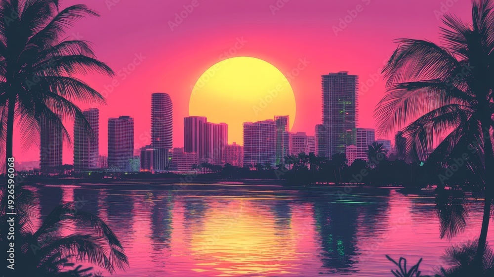Obraz premium A captivating sunset over a city skyline, framed by palm trees, with a bright orange sun reflecting on the water, symbolizing urban life, tropical beauty, tranquility, the end of a day, and the promis