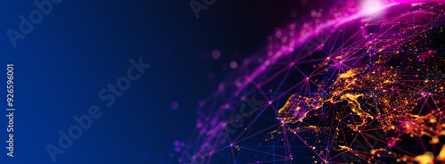 Obraz na płótnie A vivid depiction of global digital network connections with bright, interconnected lines linking various parts of the world. The image highlights Europe and Asia, w salonie