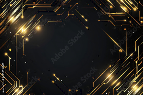 A modern abstract design featuring gold lines and dots representing network science and technology on a high-tech dark background. Ideal for templates, web design, and presentations