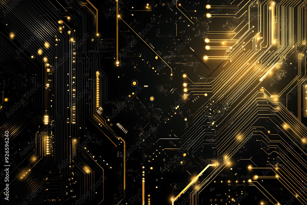 A modern abstract design featuring gold lines and dots representing network science and technology on a high-tech dark background. Ideal for templates, web design, and presentations A modern abstract design featuring gold lines and dots representing network science and technology on a high-tech dark background. Ideal for templates, web design, and presentations