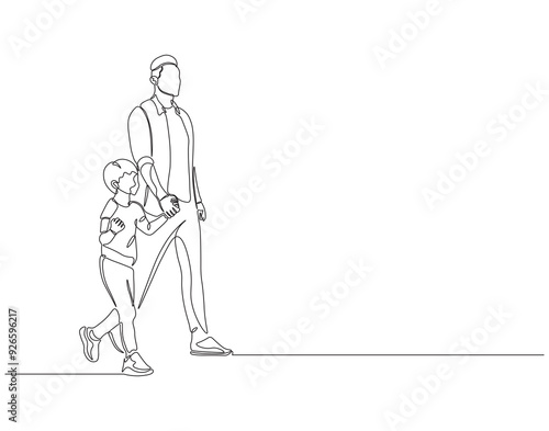 Continuous one line drawing of father and son together. Single line drawing illustration of dad and kid. Father day, Family parenting concept line art. Editable outline